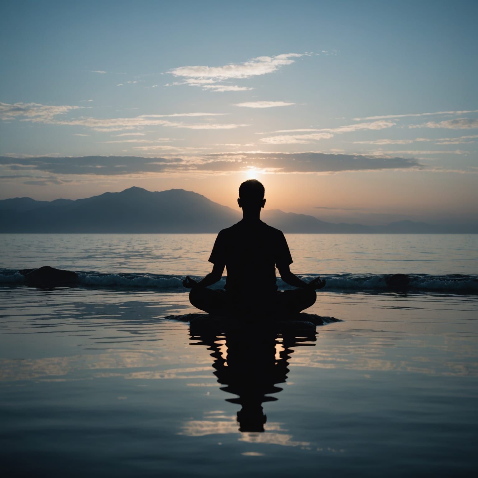 Meditating Silhouette Over Calm Ocean Scene