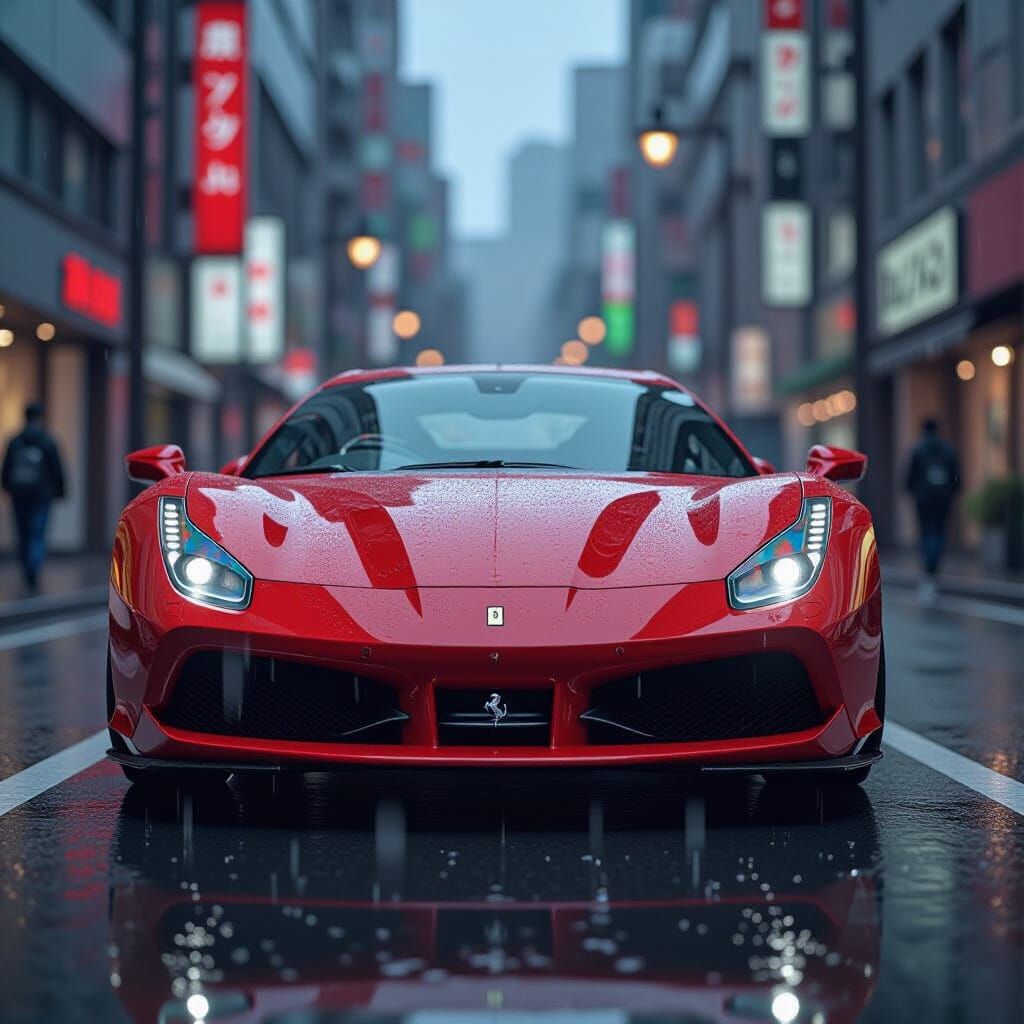 Red Ferrari in Rainy Tokyo: Photorealistic Close-Up