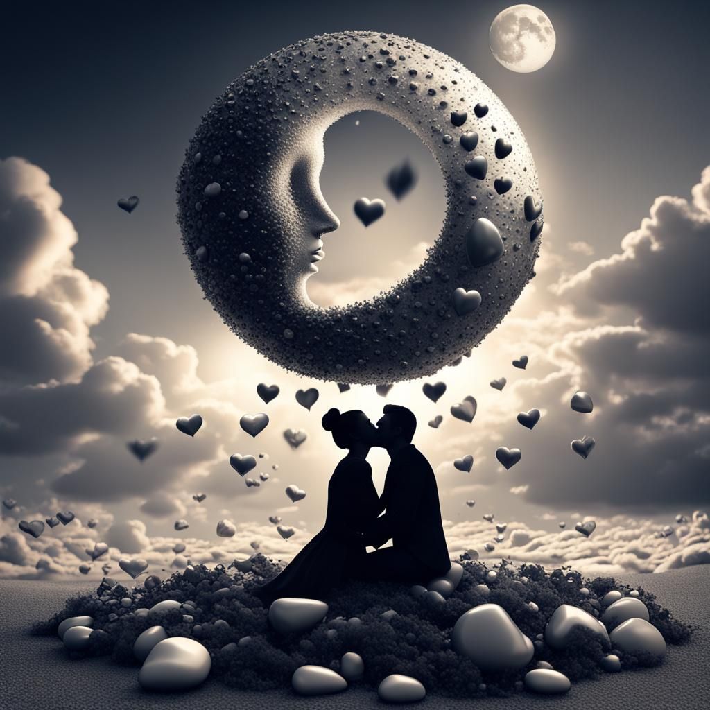 Surreal 3D Moonlit Embrace with Gem Accents
