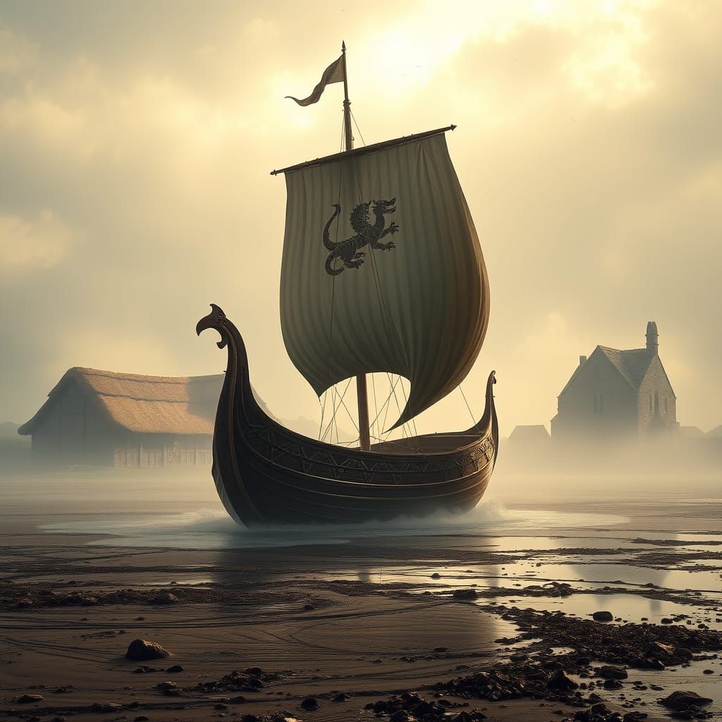 Viking Longship Lands on Lindisfarne Beach in Medieval Fanta...