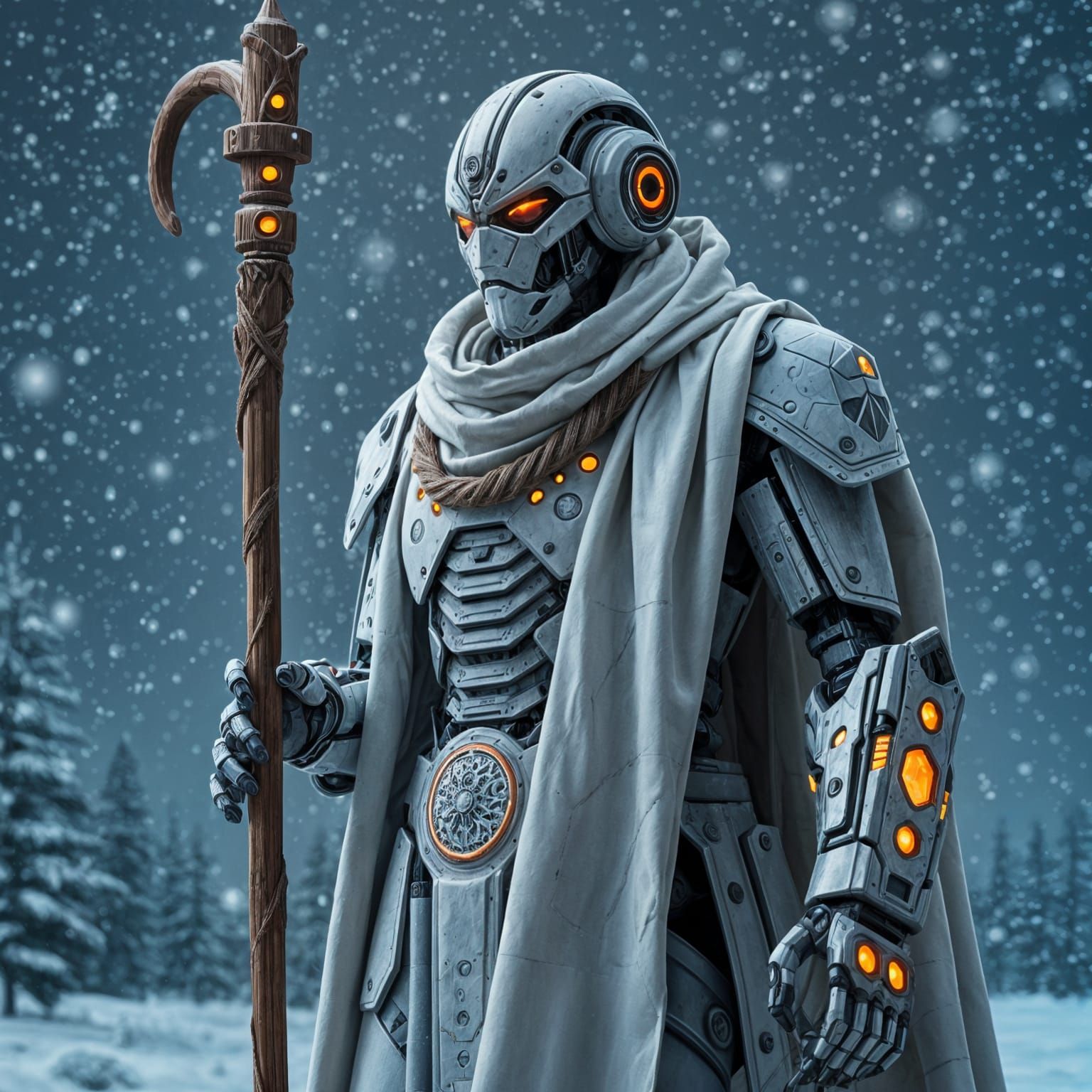 Robot Shepherd in Blizzard, Hyperrealistic Digital Art
