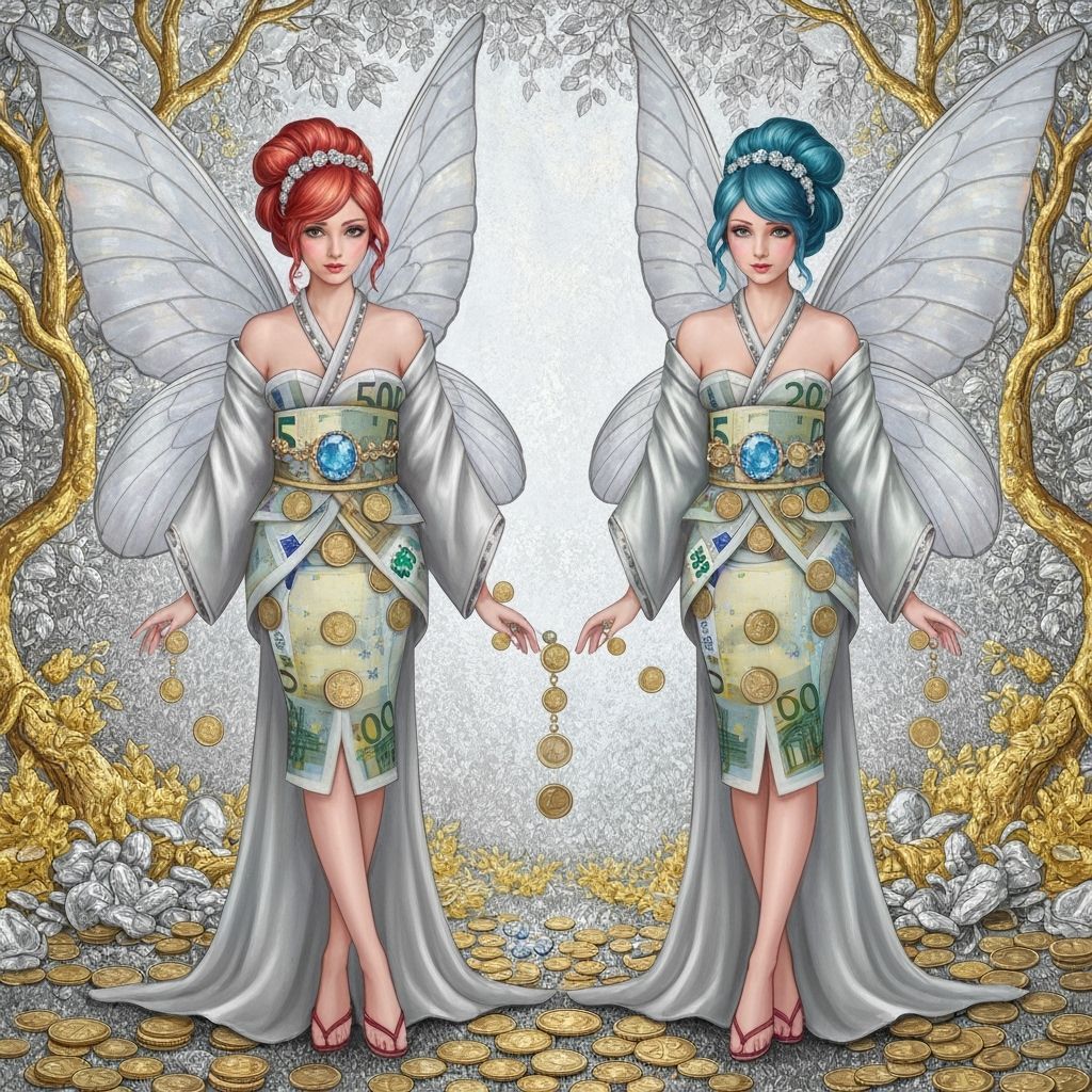 Fairies in Fashionable Dresses Adorned with Jewels and Coins