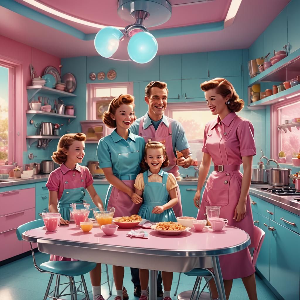 Retro-Futuristic 1950s Family in Pixar-Inspired Kitchen
