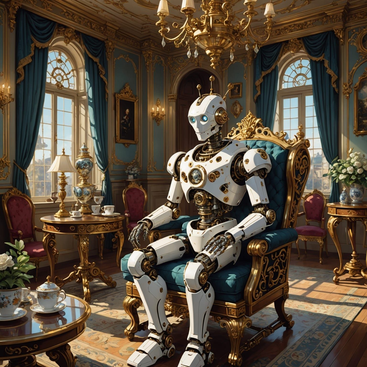 Rococo Robot Sipping Tea in Lavish Parlor
