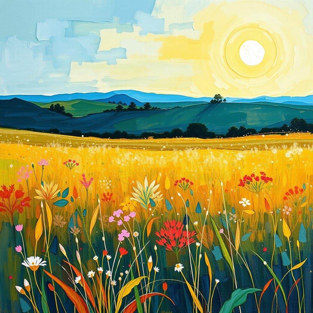 Golden Prairie Morning in Neo-Impressionist Style