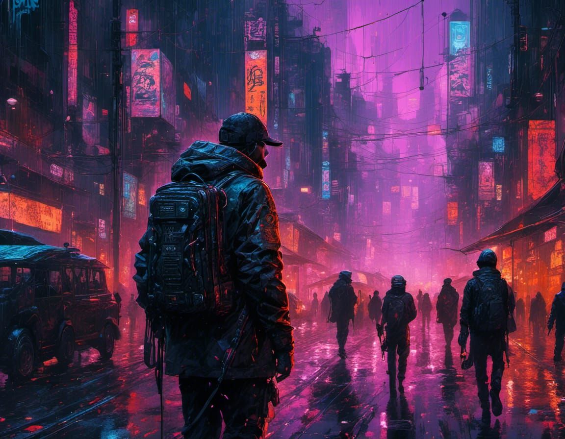 Cyberpunk Hunter with Longbow in Futuristic City