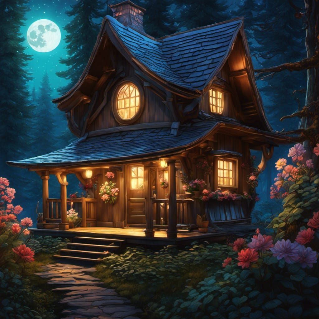 A cozy cute cabin in the woods by full moon