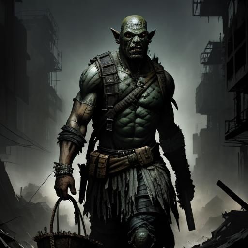 Orc in Dystopian World, Grunge Oil Painting