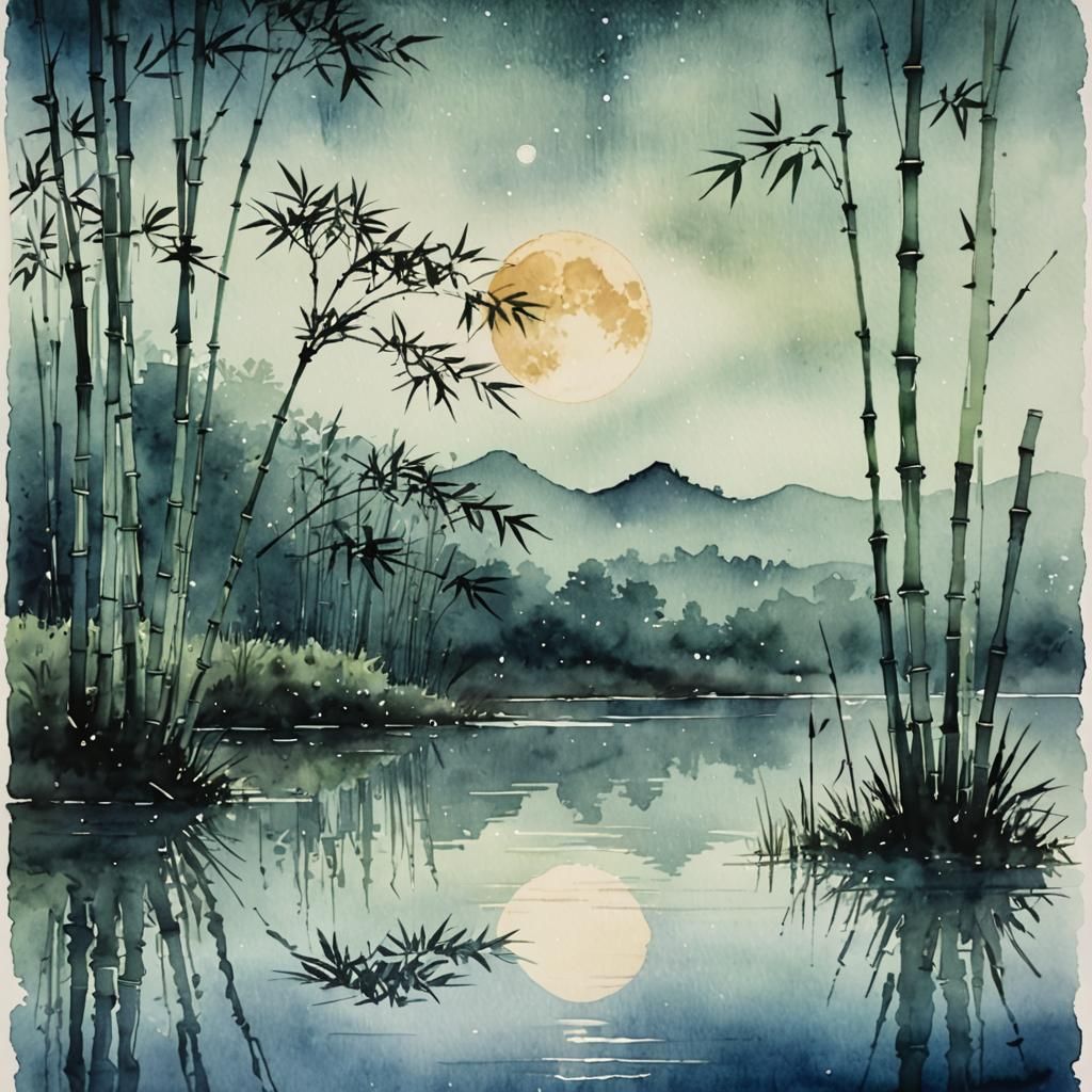 Serene Lake Reflection: Minimalist Watercolour Painting