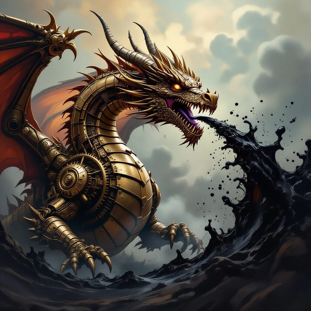 Clockwork Dragon Breathes Fiery Oil in Dark Fantasy Style