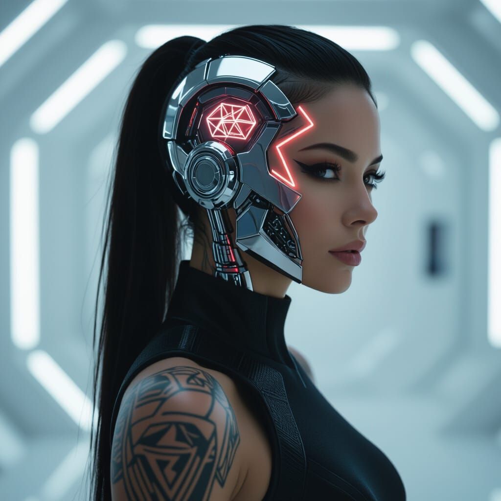 Cyberpunk Woman with Chrome Implant and Glowing Tattoos