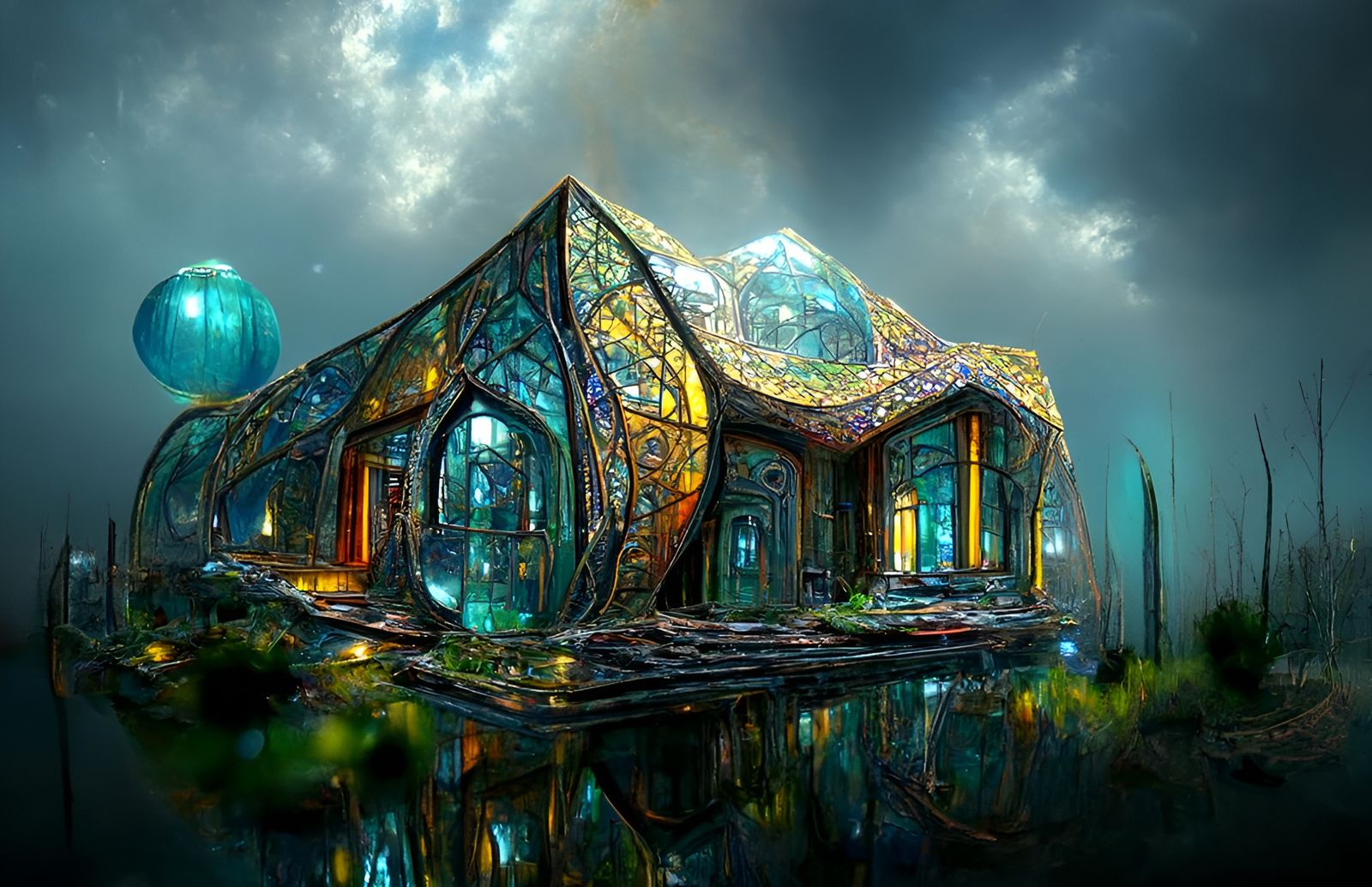 Fantasy Glass House in Kinetic Pointillism Style