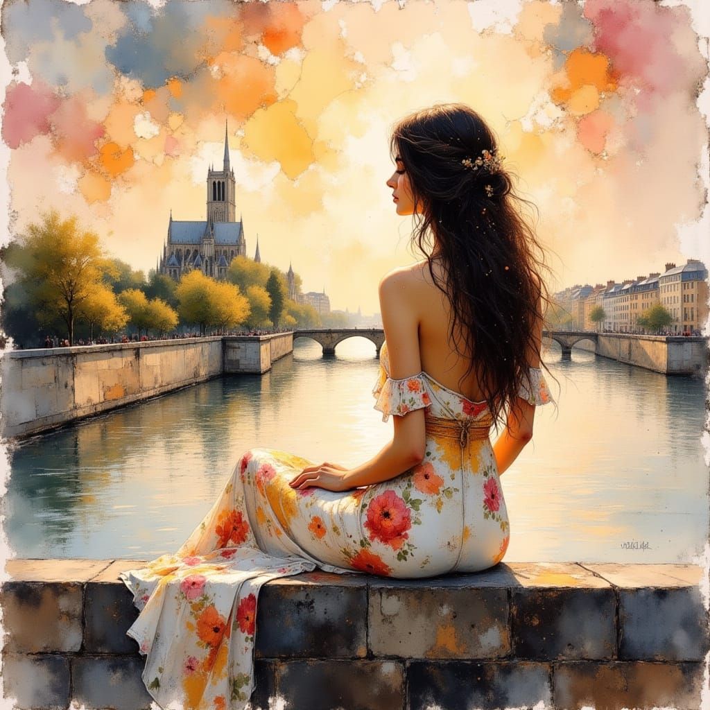 Woman Admiring Notre Dame in Dreamy Watercolour Style