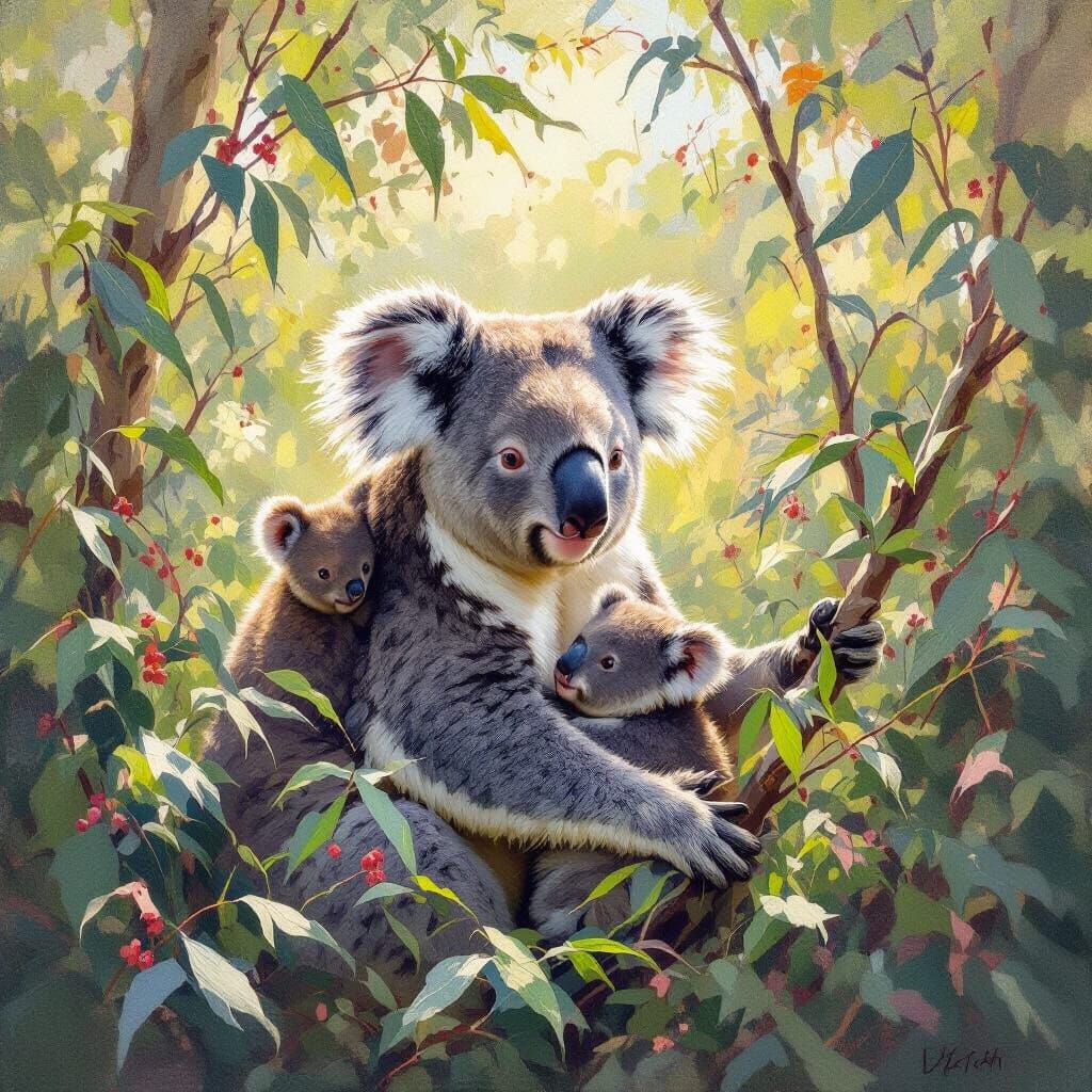 Mother Koala and Joey in Eucalyptus Thicket, Impressionistic...