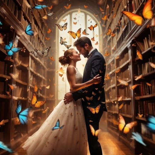 Newlyweds Lifted by Butterflies in Antique Library