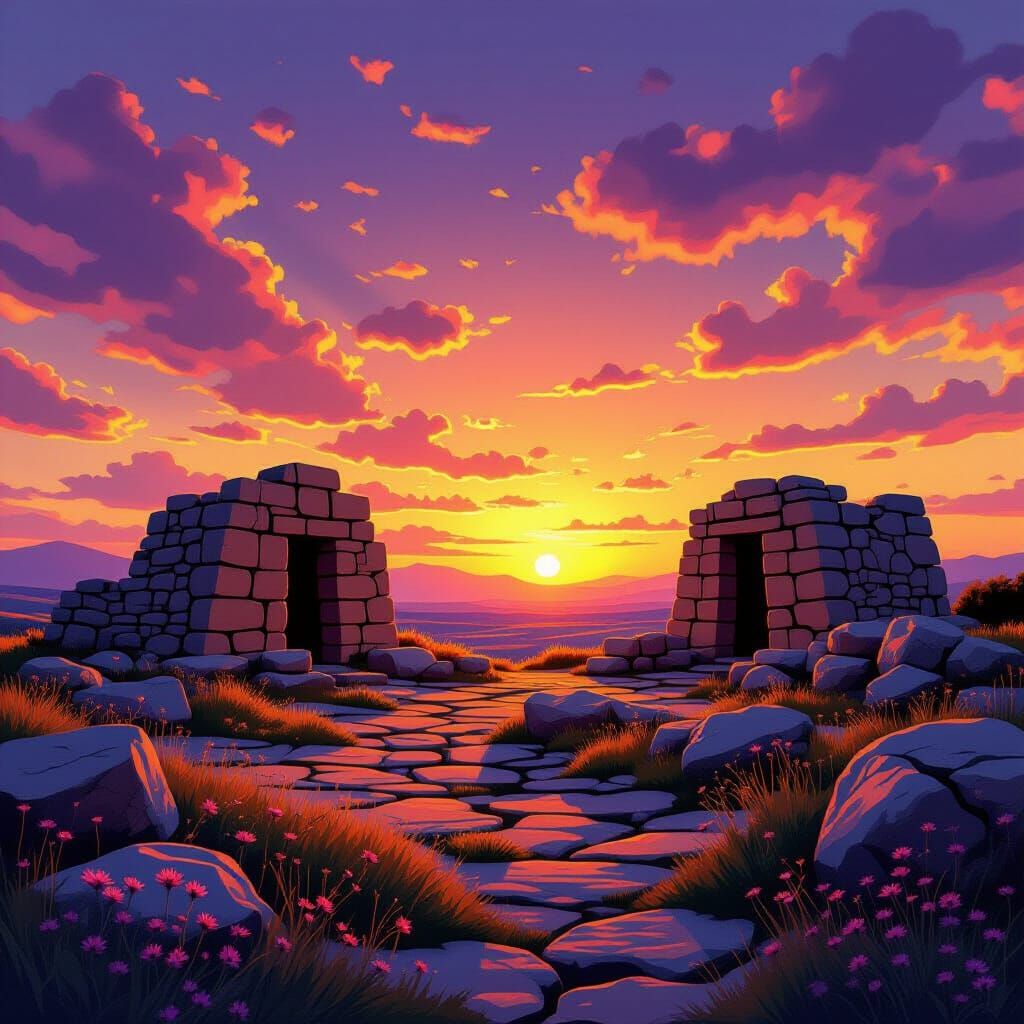 Sardinian Nuragic Complex at Sunset in Hyperrealistic Style