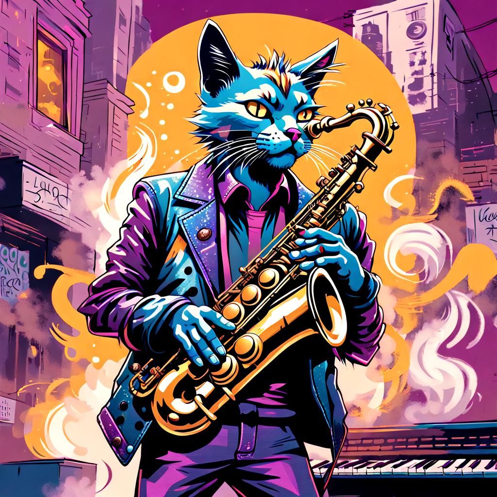 Retro Cat Saxophonist in Smoky Bar, Anamorphic Art