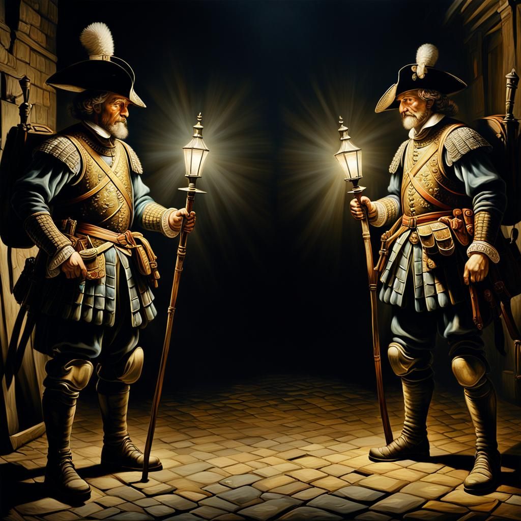 Dramatic Duality: Soldiers in Rembrandt-Style Night Scene