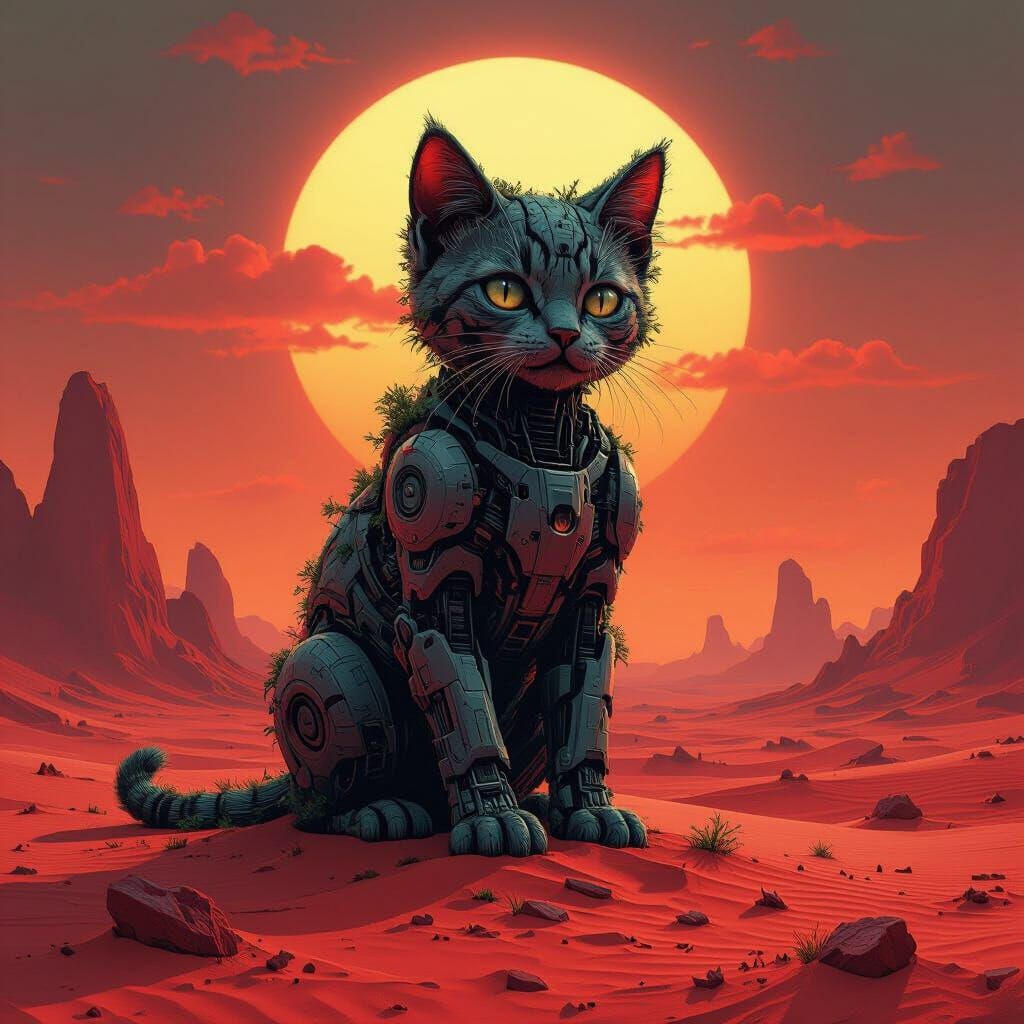 Biomechanical Kitten on Crimson Desert Planet