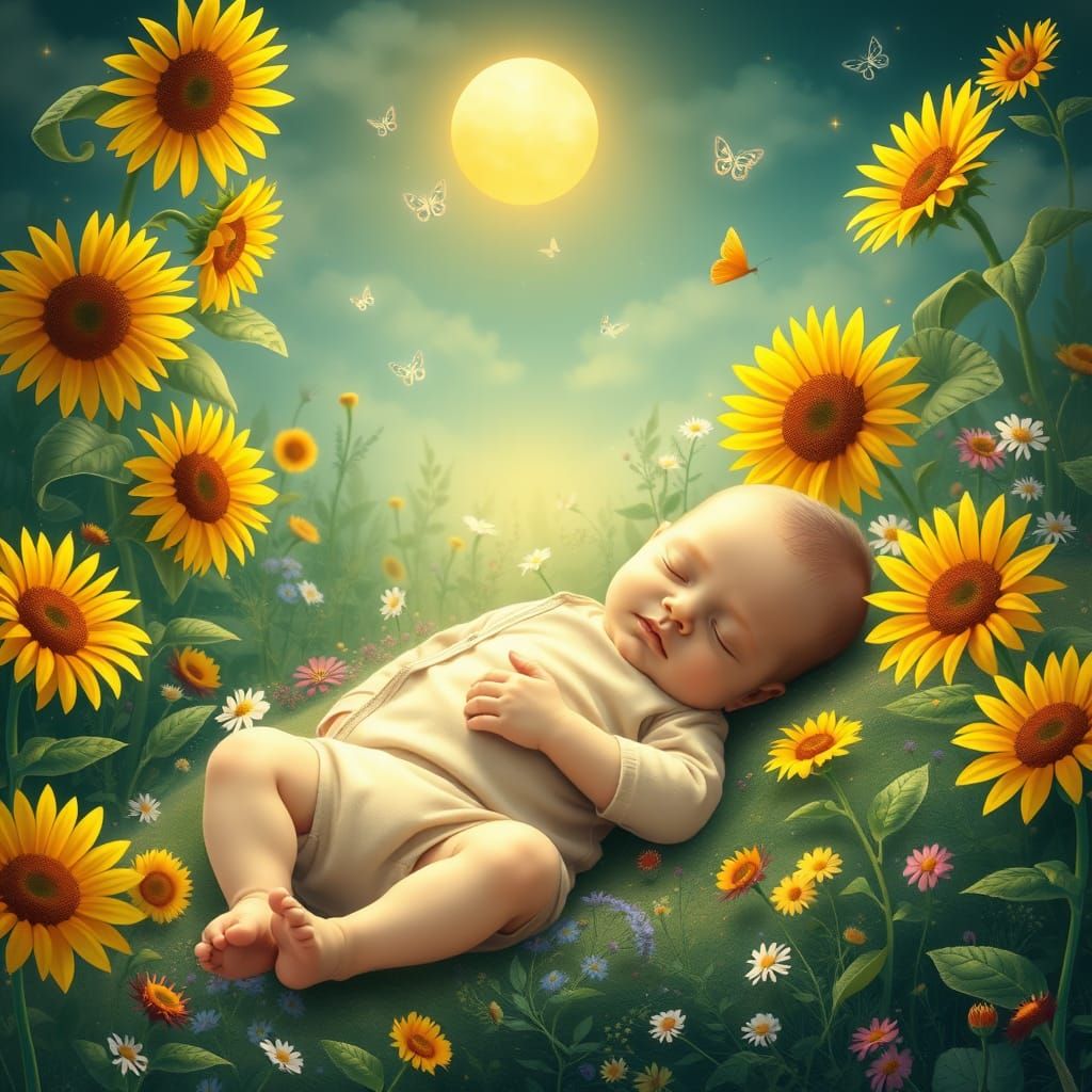 Serene Baby Boy in Whimsical Garden Wonderland