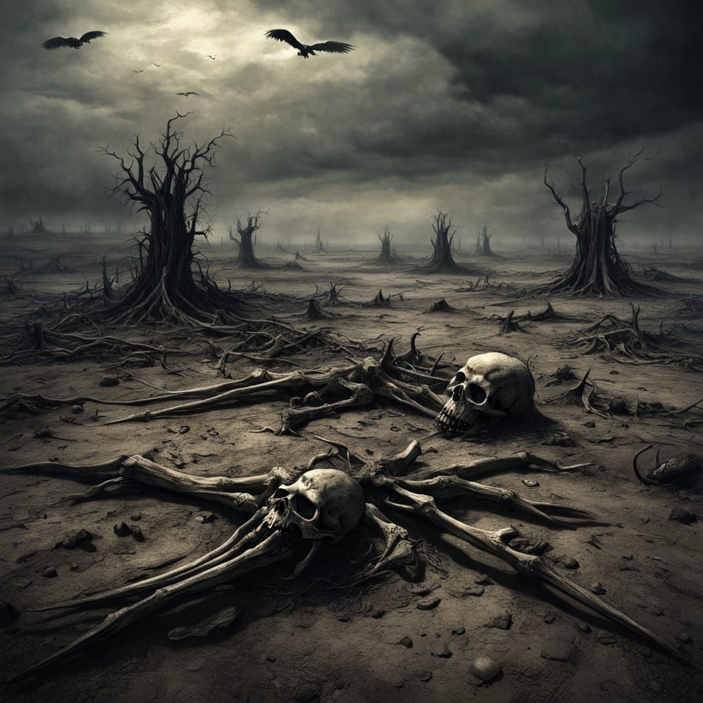 Surreal Vultures Over Desert Bones in Dark Fantasy Style