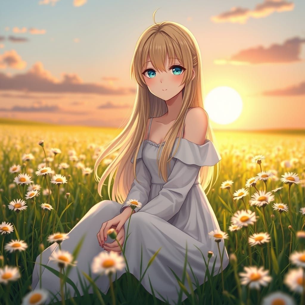 Anime Goddess in Golden Dandelion Field