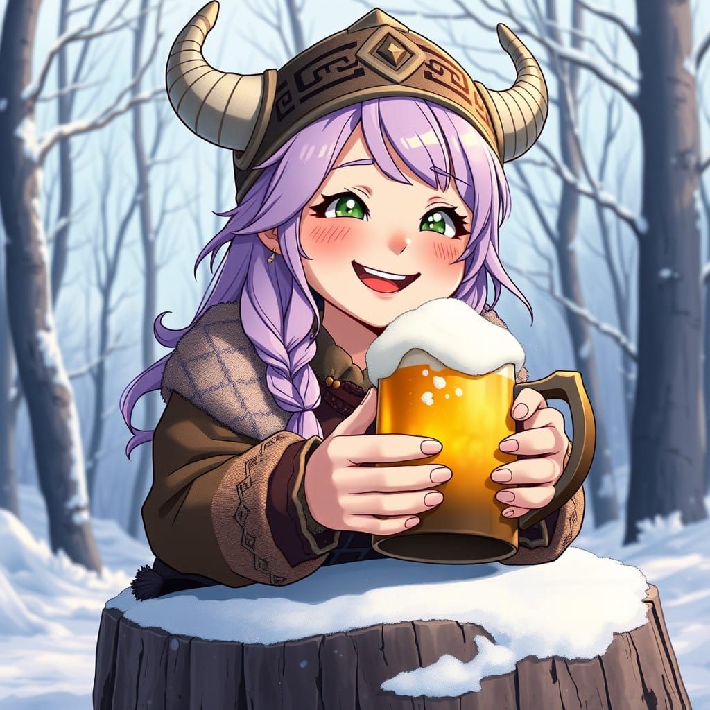 Viking Woman with Horned Helmet and Golden Beer in Winter Fo...