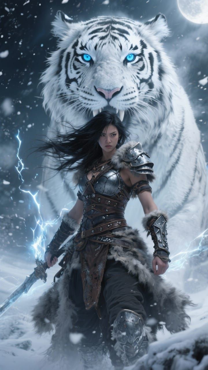 Warrior Woman with Spectral Tiger in Hyperrealism