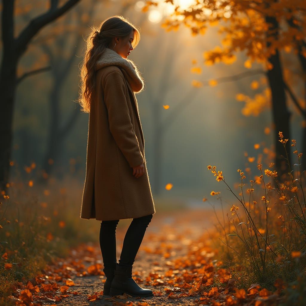 Woman Embraces Autumn Twilight Amidst Wilting Summer Blooms