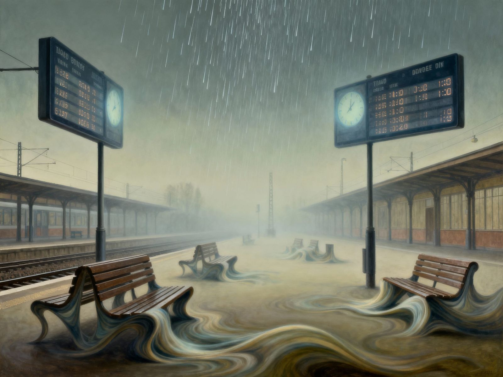 Surreal Train Station With Ethereal Timestamps and Upward Ra...