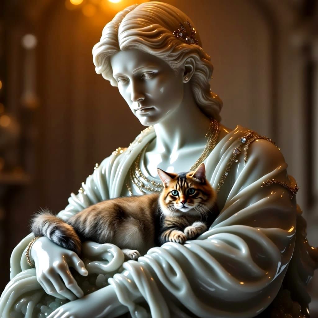 Marble Statue of Queen with Persian Cat