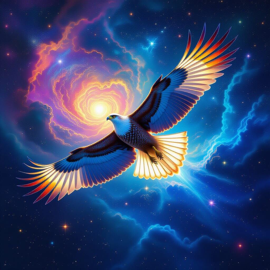 Bioluminescent Hawk Gliding Through Cosmic Ocean