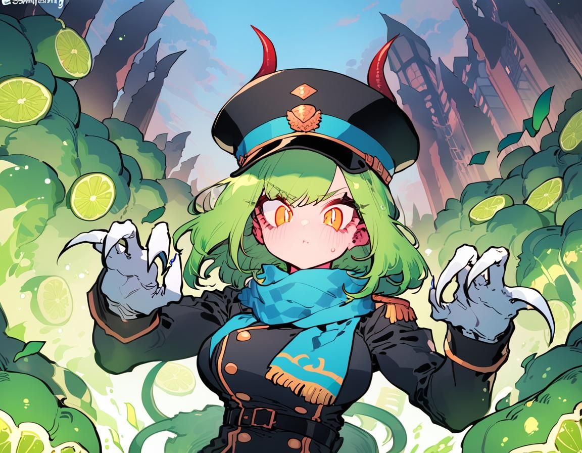 Demon Girl in Military Uniform with Orange Eyes