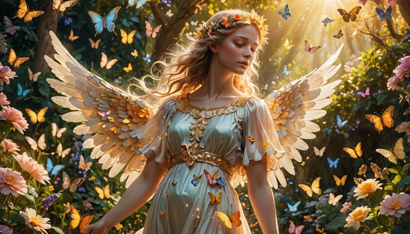Majestic Angel in Lush Garden: Surrealism Art