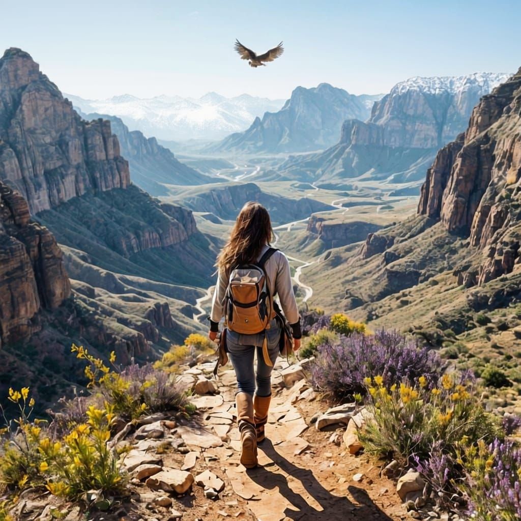 Adventurous Woman Explores Vast Arid Mountain Landscape