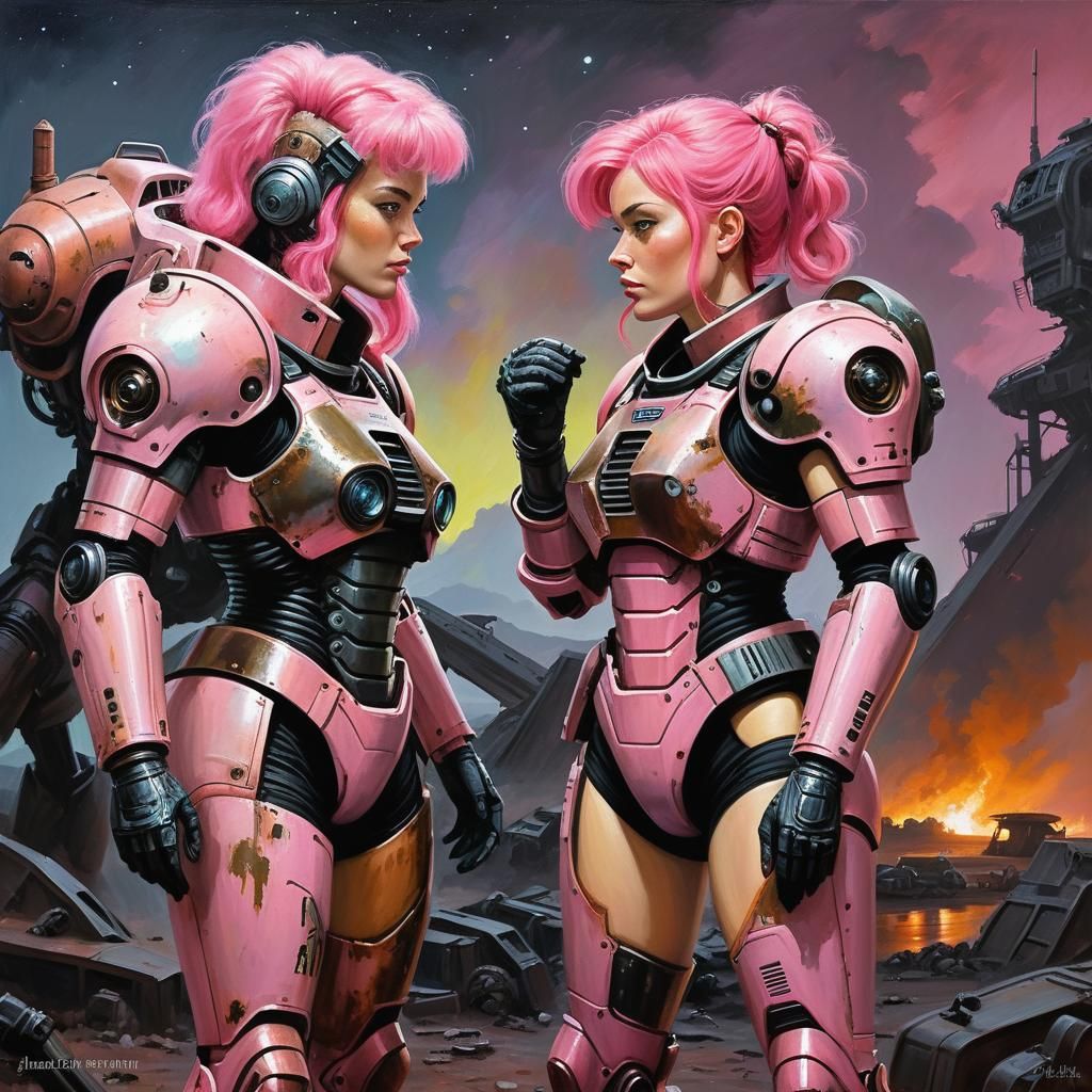 Pink-Haired Women in Power Armor, Oil Painting