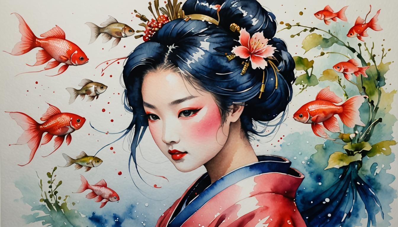 Sakura Blossom Scene in Traditional Japanese Watercolor