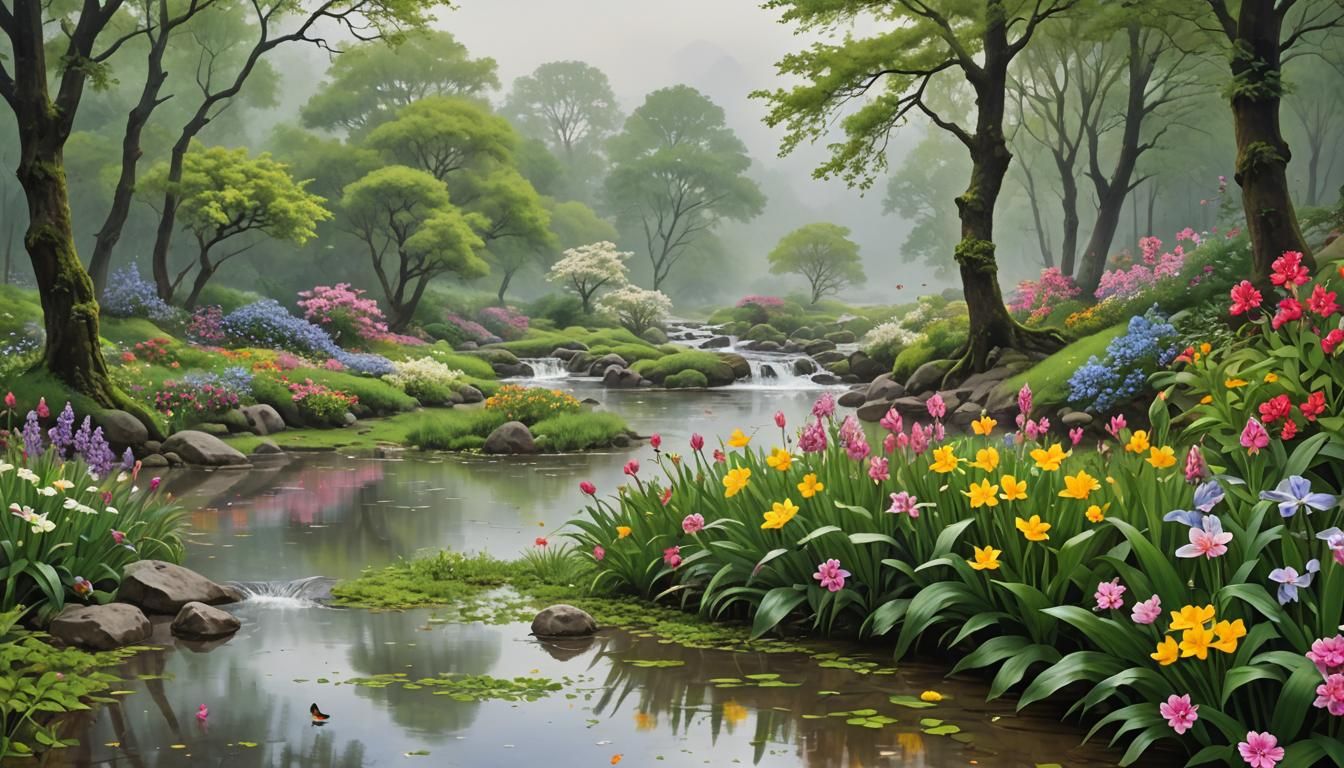 Spring Rain Shower: Vibrant Flowers in Bloom