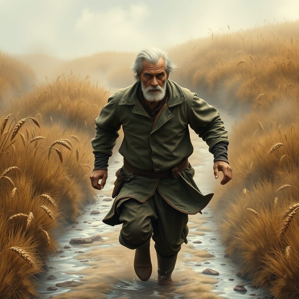 Old Man Runs Through Medieval Landscape