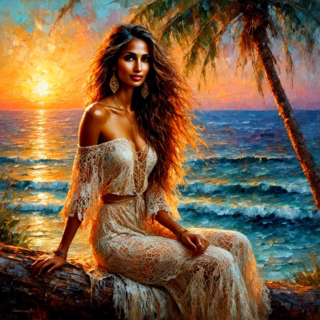 Boho Fashion Lady at Sunrise in Impasto Style