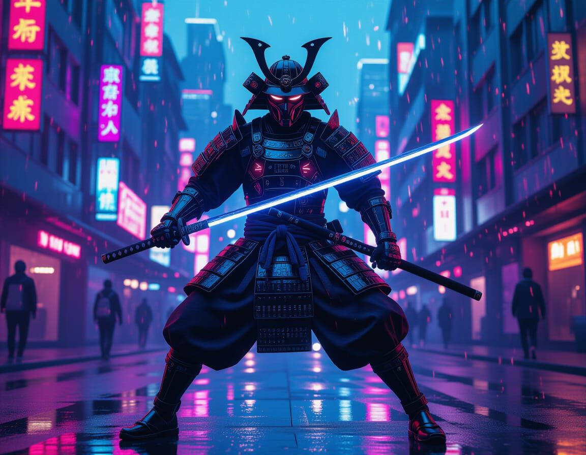 Futuristic Samurai Warrior in Neon City