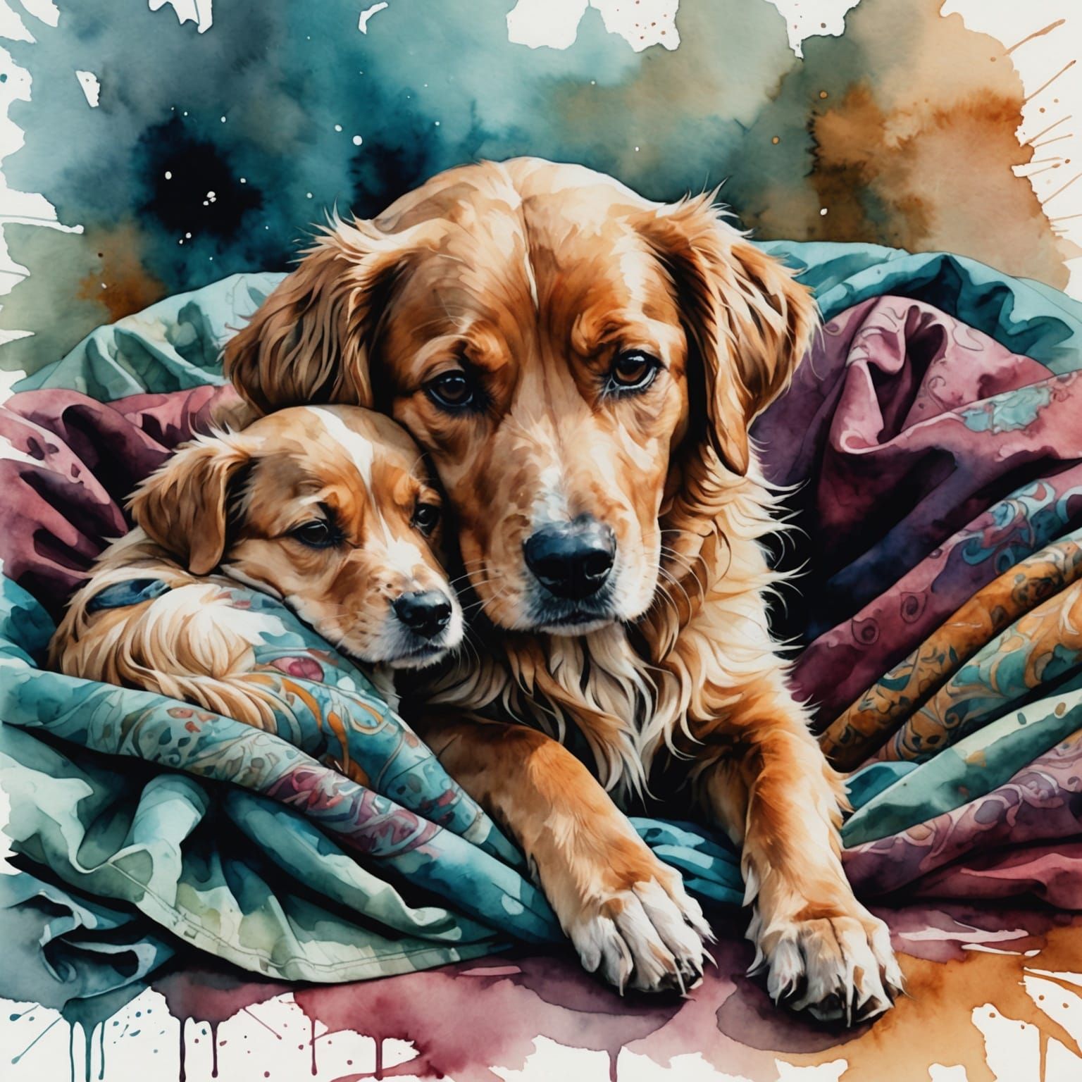 Dog and Puppy Snuggled in Blanket, Watercolor Style