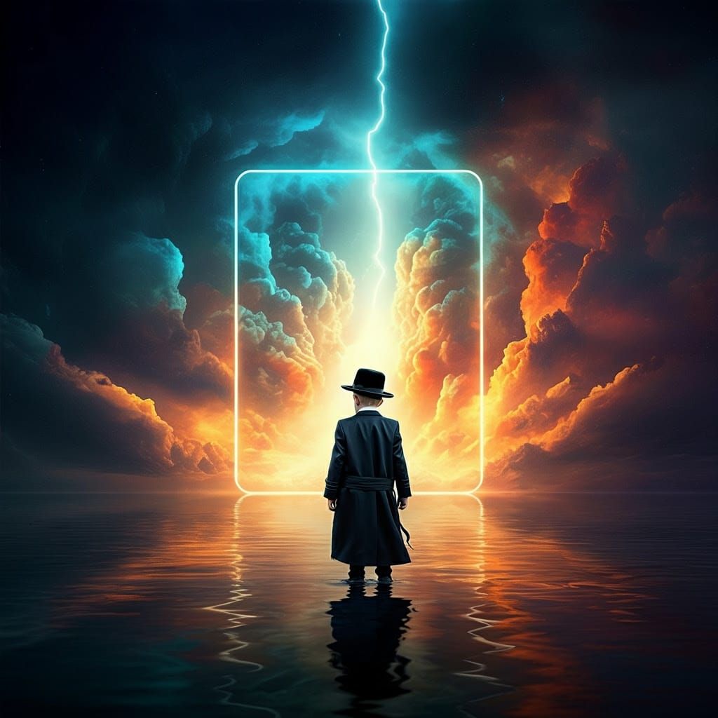 Ultra-Orthodox Jewish Boy in Ethereal Stormy Landscape