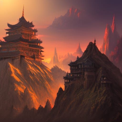 Oriental Castle Sunset over Epic Mountains