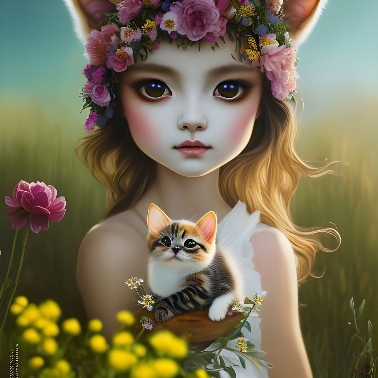 Chibified Kitten with Crown in Rococo Style