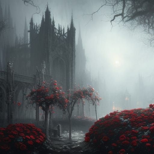 Eerie Gothic Garden of Crimson Roses in Dark Academia Style