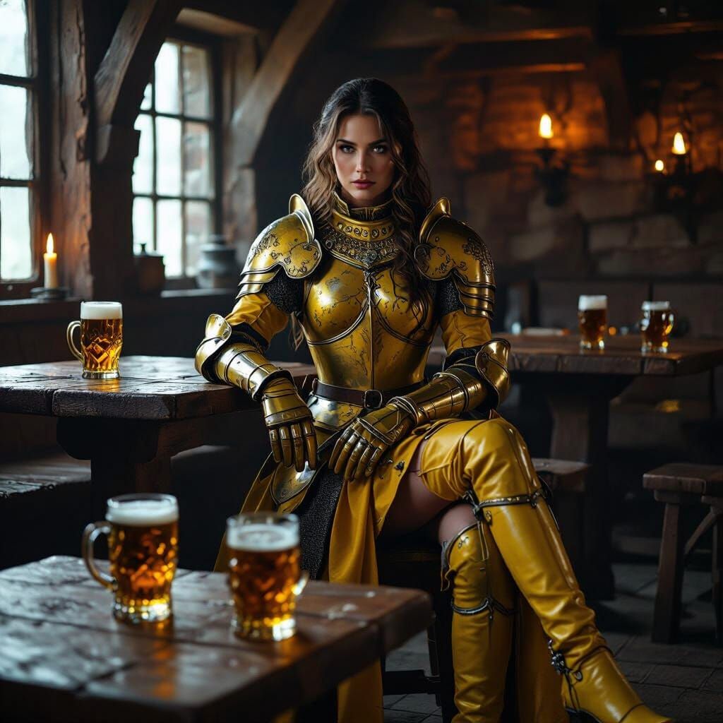Knight in Yellow Satin Armor in Medieval Tavern