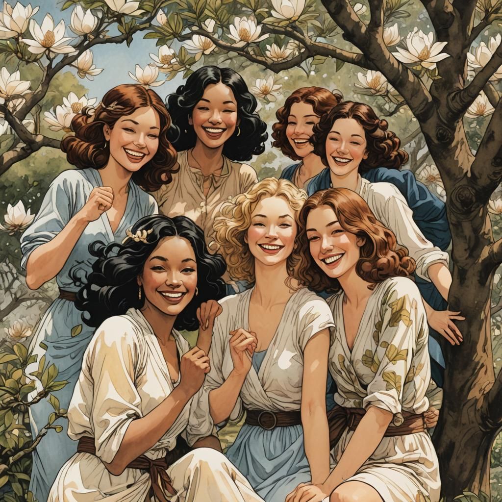 Young Women Around Magnolia Tree in Bande Dessinée Style