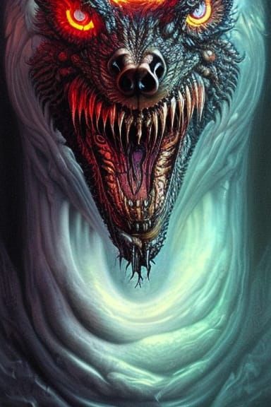 Terrifying Demon Wolf Portrait in Horror Style