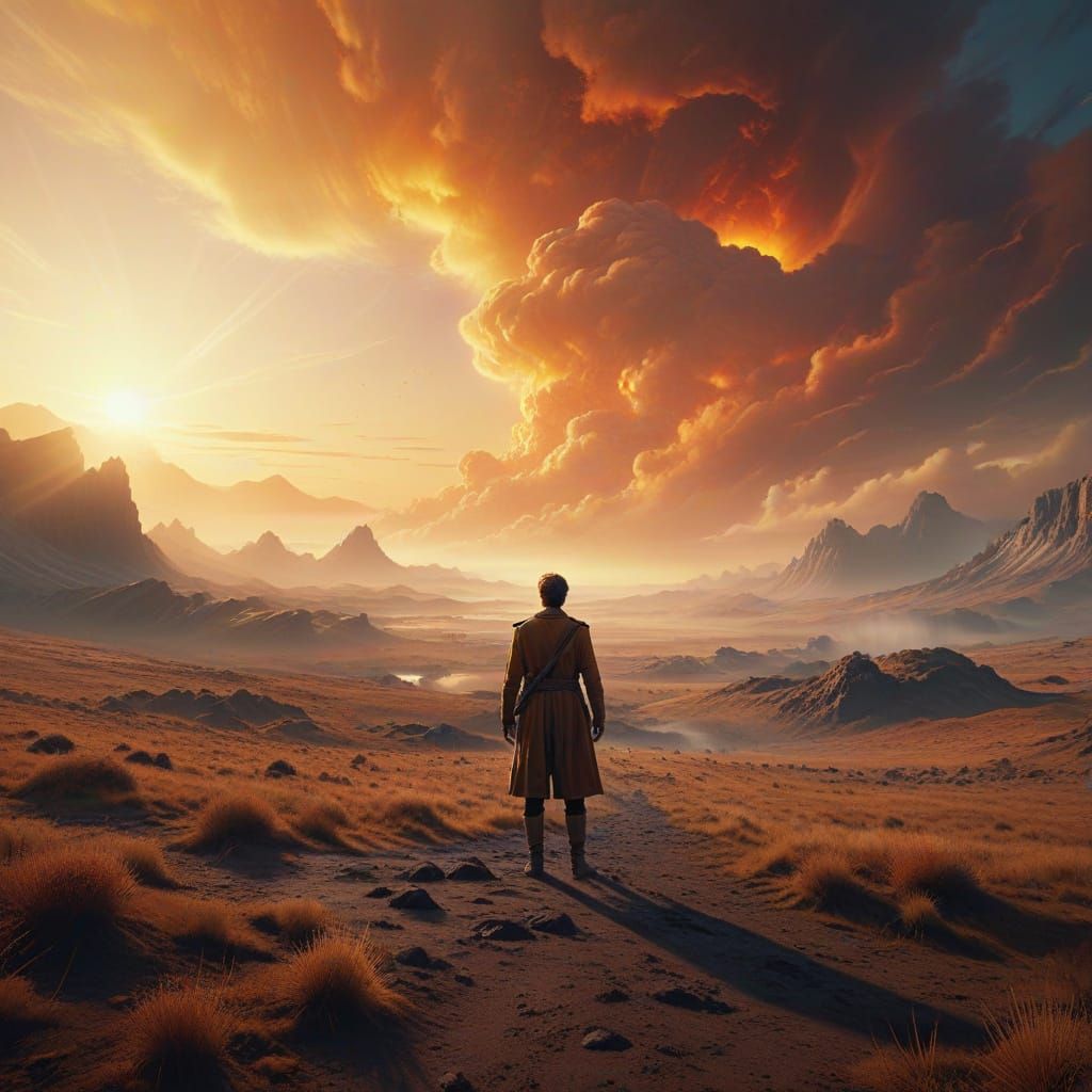 Majestic Figure in Golden Landscape: Digital Painting